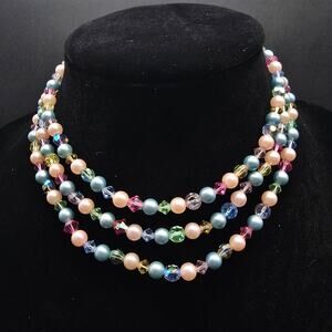 Vintage Pastel Faux Pearl Beaded Layered Necklace Easter Spring